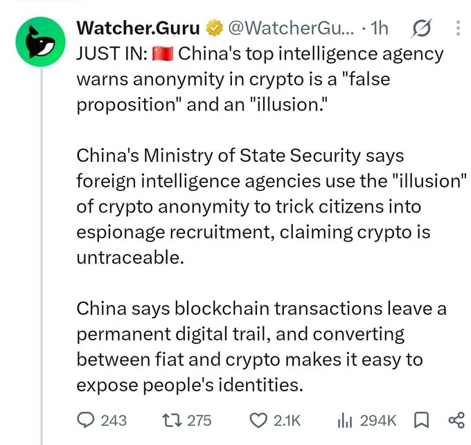 A tweet from Watcher.Guru reporting that China's Ministry of State Security warns anonymity in crypto is a 'false proposition' and an 'illusion,' with the post gaining 2.1K likes and 294K views.