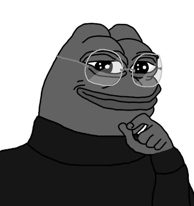 A black and white cartoon drawing depicts a frog-like character wearing wire-rimmed glasses and a black turtleneck, posing thoughtfully with a finger to its chin.