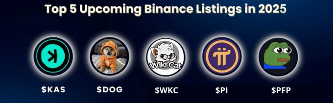 The image shows a banner with five different logos, including a dog logo, a frog logo, a Bitcoin symbol, a Pokemon logo, and a PEPPY logo. The text at the bottom of the image reads "Top 5 Upcoming Binance Listings in 2021".