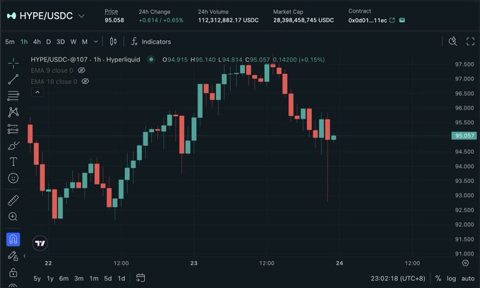A candlestick chart displays the HYPE/USDC trading pair on Hyperliquid at $95.058, with a 24-hour change of +0.65% and volume of 112,312,882.17 USDC. The chart shows price action oscillating between roughly $92 and $97 over a 1-hour timeframe, visually illustrating the volatility relevant to the poster's bearish "keep selling" commentary on $HYPE.