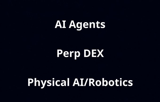 The image features a black background with white text that reads "AI Agents Perp DEX Physical AI/Robotics". The text is arranged in a blocky format, making it easy for viewers to read and understand the content.