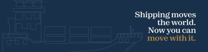 A dark blue graphic featuring a line drawing of a cargo ship with the text: "Shipping moves the world. Now you can move with it."