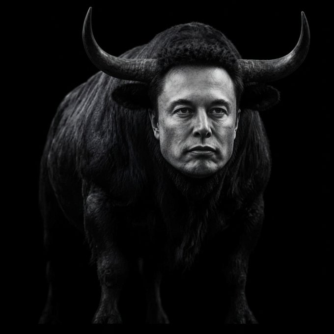 A dramatic black-and-white composite image shows Elon Musk's face seamlessly merged onto a powerful bull's body, reinforcing the "Rich Bull" theme of the post. The image visually represents the bullish sentiment toward $ELON, symbolizing strength and dominance in the market.