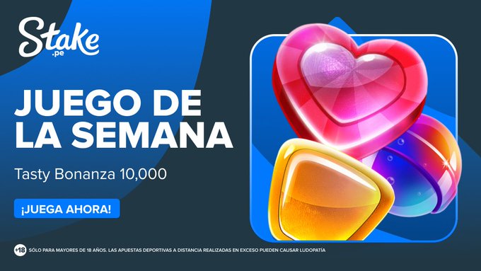 A promotional graphic from Stake.pe advertising "JUEGO DE LA SEMANA" (Game of the Week) featuring Tasty Bonanza 10,000, displaying colorful pink and orange gem-shaped slot game symbols with a "¡JUEGA AHORA!" (Play Now!) call-to-action button, promoting a giveaway of 20 free spins to two random participants.