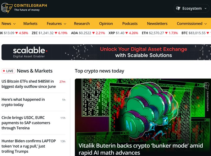 The image displays Cointelegraph's homepage, featuring the headline "Vitalik Buterin backs crypto 'bunker mode' amid rapid AI math advances" and a market ticker with prices including BTC $83,015.55. The accompanying post discusses how Cointelegraph, a 13-year-old crypto news outlet with 200+ editorial staff, saw its traffic collapse to 1/20th of what it was after receiving a Google manual penalty last October, as the site heavily depended on Google search traffic for terms like "Bitcoin" and "Ethereum."