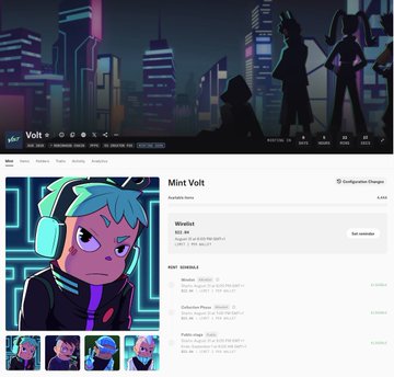 An NFT marketplace webpage displaying a digital avatar collection called 'Mint Volt' with prices listed in Wsol and Sol cryptocurrencies.