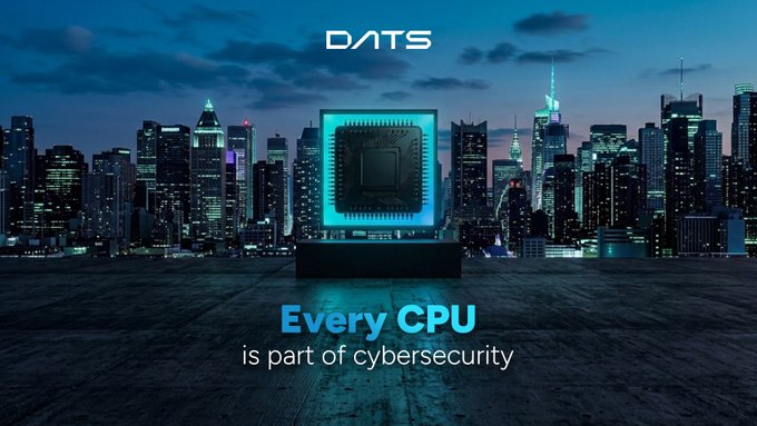 A glowing CPU chip on a pedestal is displayed against a city skyline at dusk, with the "DATS" logo at the top and the tagline "Every CPU is part of cybersecurity" below, visually reinforcing the message that distributed processors worldwide can be harnessed as active defense resources for global cybersecurity.