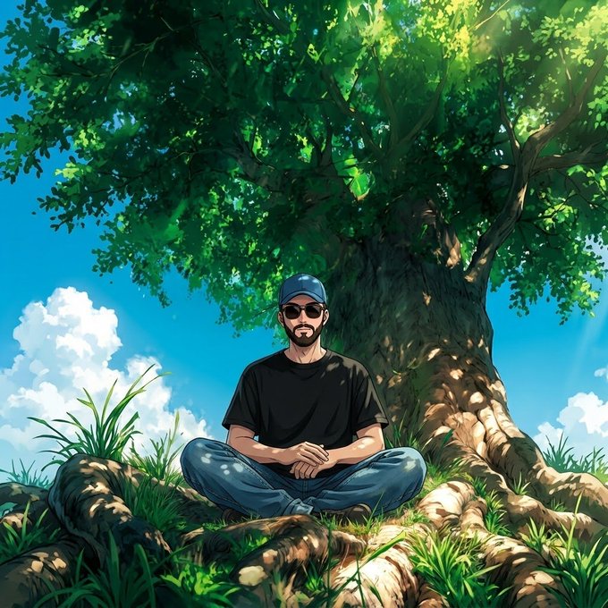 An anime-style illustration of a bearded man wearing a black shirt, blue jeans, cap, and sunglasses, sitting cross-legged under a large green tree on a sunny day.
