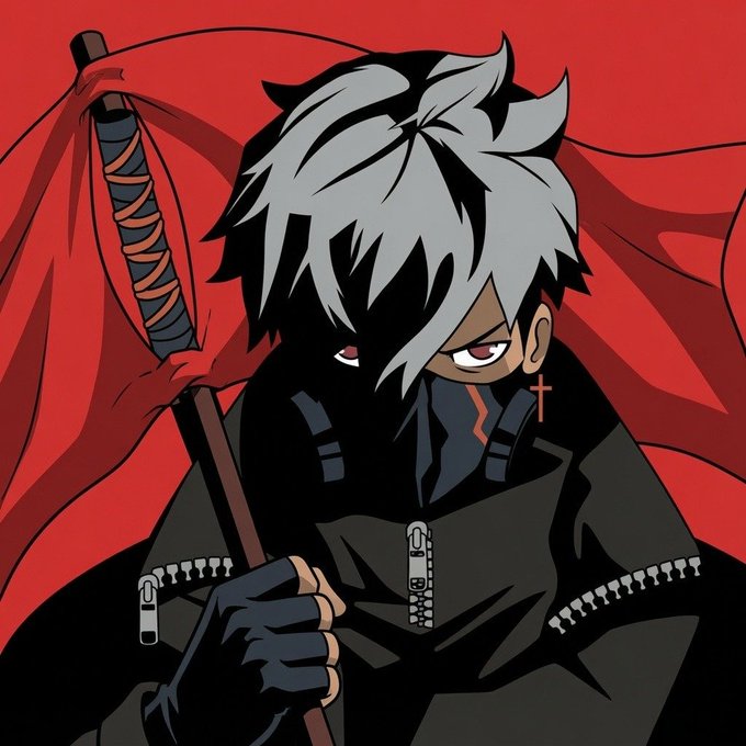 An anime-style illustration depicts a character with white hair and a black face mask holding a red flag against a solid red background.