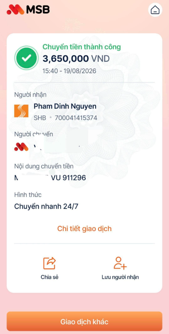 The image shows a successful MSB bank transfer confirmation of 3,650,000 VND sent to "Phạm Đình Nguyên" via SHB account 70004141537 at 15:40 on 19/08/2026, serving as transaction evidence ("Chuy tiết giao dịch") to support a P2P scam appeal. The transfer details and timestamped receipt back up the poster's advice to collect transaction records and bank receipts when disputing a fraudulent peer-to-peer payment.