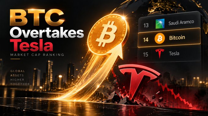 A graphic titled 'BTC Overtakes Tesla' in market cap ranking, showing Bitcoin at #14 above Tesla at #15, with a golden Bitcoin rocket launching over the Tesla logo.