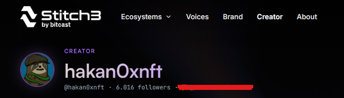 A Stitch3 by bitcast profile header showing creator "hakan0xnft" (@hakan0xnft) with 6,016 followers highlighted by a red arrow, displayed against a black background with the Stitch3 logo and navigation menu (Ecosystems, Voices, Brand, Creator, About).
