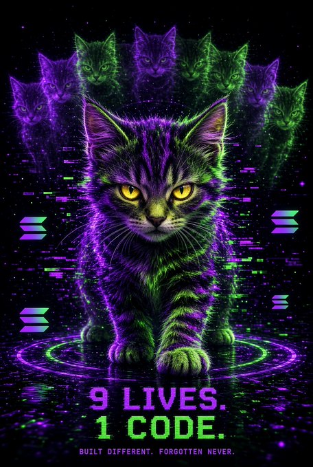 A vibrant neon digital art poster depicts a tabby cat surrounded by spectral cat faces, reading '9 LIVES. 1 CODE. BUILT DIFFERENT. FORGOTTEN NEVER.'