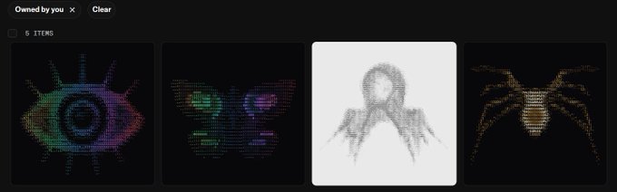 NFT collection gallery interface showing 'Owned by you' with 6 items, featuring colorful pixelated artworks including an eye motif, butterfly, a grayscale bird, and a spider design.