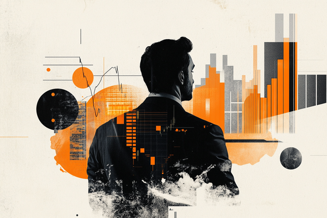 A businessman in a suit stands silhouetted against an abstract backdrop featuring orange and black financial charts, bar graphs, and market data visualizations. The collage-style image visually reinforces the post's themes of market analysis, spanning silver, SHIB, forex, and crypto recovery and sell-offs.