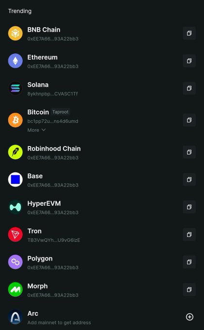 Screenshot of a trending cryptocurrency networks list including BNB Chain, Ethereum, Solana, Bitcoin Taproot, Robinhood Chain, Base, HyperEVM, Tron, Polygon, Morph, and Arc.