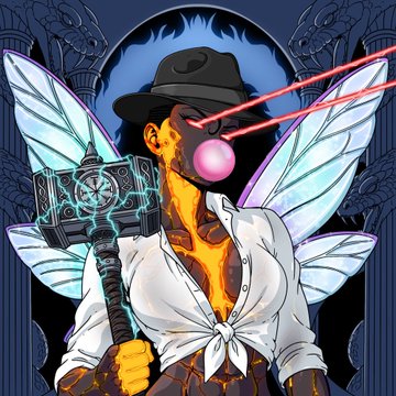 Stylized illustration of a character with a glowing orange face, black fedora, fairy wings, bubble gum bubble, and a glowing blue hammer.