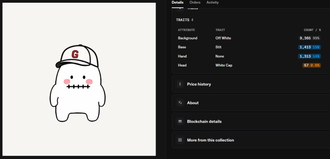 An NFT collection page showing a Pudgy Penguin cartoon ghost character wearing a 'C' cap, with trait details listing Background 'Off White' (91.65%), Base 'Skr' (9.73%), Hand 'None' (7.26%), and Head 'White Cap' (57.50%).