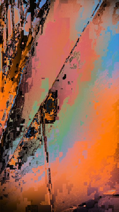 An abstract digital artwork with bold vertical orange brushstrokes on the left transitioning into a hazy blend of pink, green, and blue hues on the right.