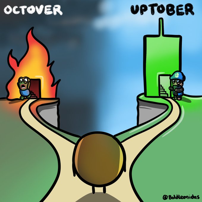 A cartoon meme titled 'OCTOVER' versus 'UPTOBER' showing a character choosing between a red/heated crypto path and a green/cool Binance-themed path, by artist @BaldLeonidas.