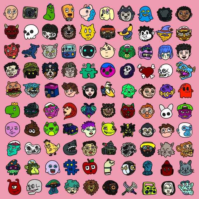 A pink background displaying a 10x10 grid of 100 cartoon-style character heads, including various creatures, faces, and emoji-like designs.
