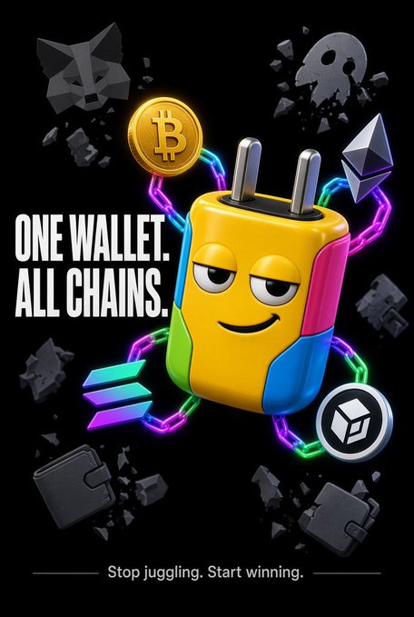 A crypto promotional graphic reading 'ONE WALLET. ALL CHAINS.' featuring an anthropomorphized plug-shaped wallet surrounded by Bitcoin, Ethereum, and Solana logos with the tagline 'Stop juggling. Start winning.'