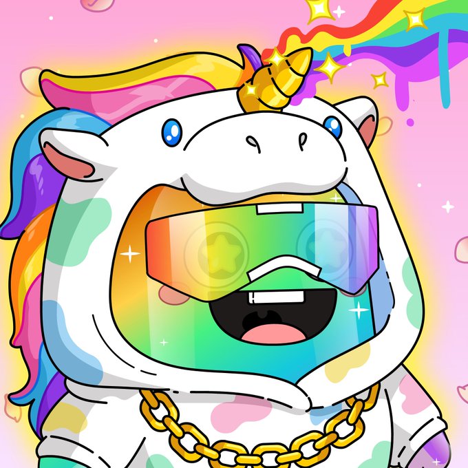 A cartoon illustration of a rainbow-colored unicorn character wearing large reflective sunglasses and a gold chain, set against a pink background with stars and rainbow accents.