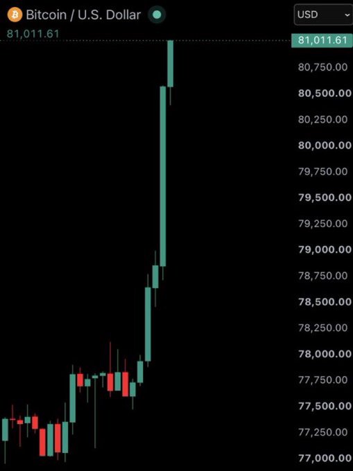 A candlestick chart showing Bitcoin/U.S. Dollar price reaching $81,011.61, displaying a strong upward trend with significant green candles.