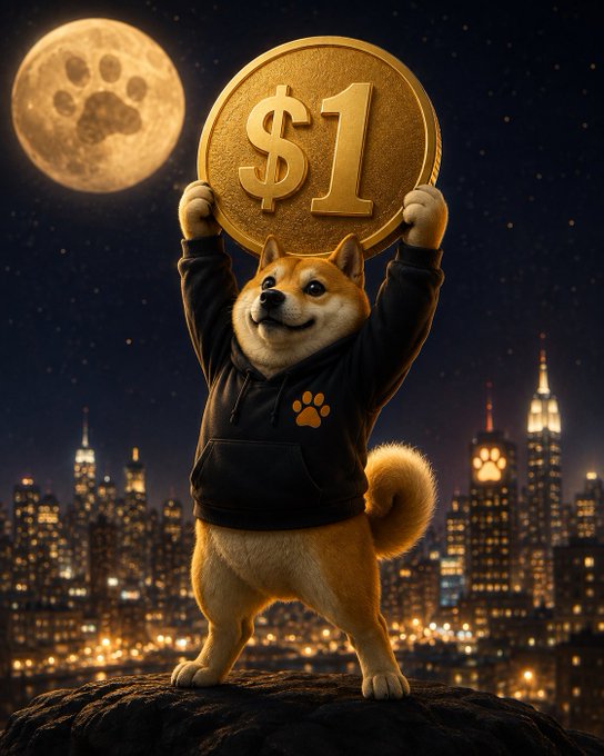 A Shiba Inu dog wearing a black hoodie with an orange paw print stands triumphantly holding a giant gold $1 coin above its head against a nighttime city skyline with a full moon.