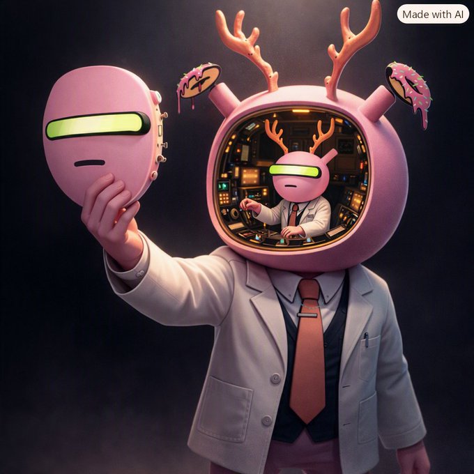 An AI-generated image showing a character in a lab coat holding a pink mask, with a round helmet featuring deer antlers and donuts, with "Made with AI" label in the corner.
