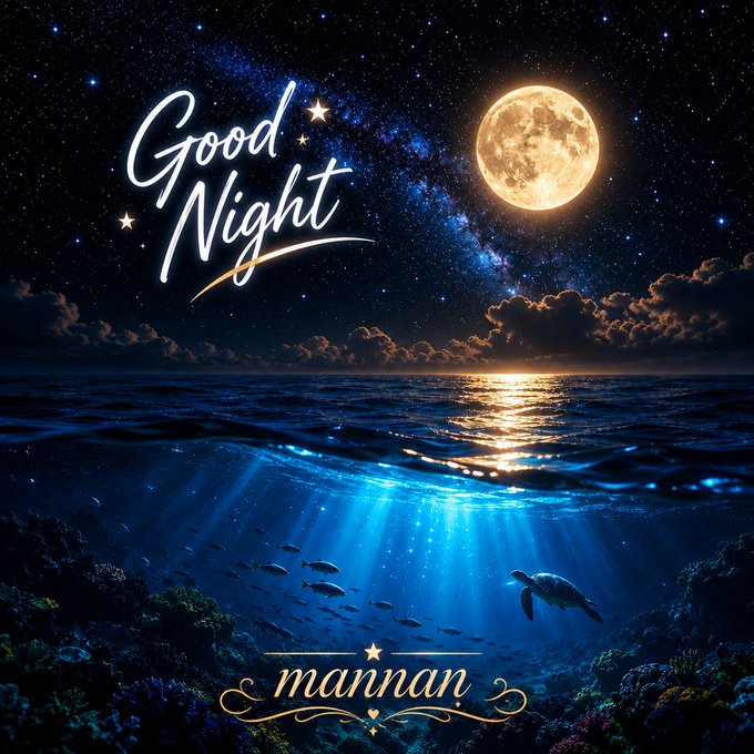 A digital artwork showing a night scene with a full moon, starry sky, ocean, and underwater view with fish and a sea turtle, with cursive text 'Good Night' and 'mannan'.