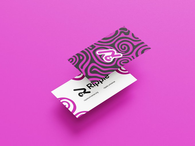 A business card mockup on a bright pink background featuring a black and magenta swirl pattern, a stylized logo, and the text "Rippie" with the tagline "PEOPLE LOVE WHAT WE CREATE."
