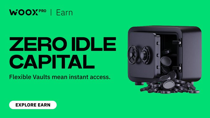 The image features an open black safe, which has a pile of coins inside. The text above the safe reads "ZERO IDLE CAPITAL" and "Flexible Vaults", while below the safe there's another piece of text that says "Explore Earn". This suggests that the safe is designed to hold coins or other valuables, and it allows users to earn money by accessing these valuables when needed. The image also includes a green background with white text, which could be part of an advertisement for the safe.