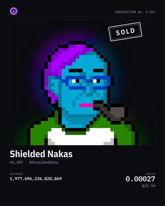A pixel art NFT titled 'Shielded Nakas' (#3,257) with the handle @ShieldedNaka, marked SOLD for 0.00027 SATOSHI ($22.94), depicting a blue-skinned character with purple hair, glasses, and a cigar.