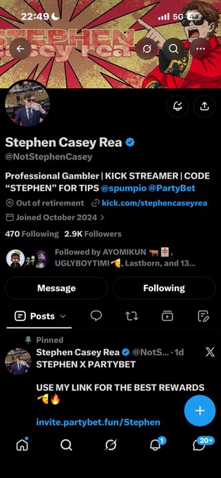A Twitter/X profile screenshot for 'Stephen Casey Rea' (@NotStephenCasey), a Professional Gambler and KICK Streamer, showing 470 Following, 2.9K Followers, and a pinned tweet about 'STEPHEN X PARTYBET'.