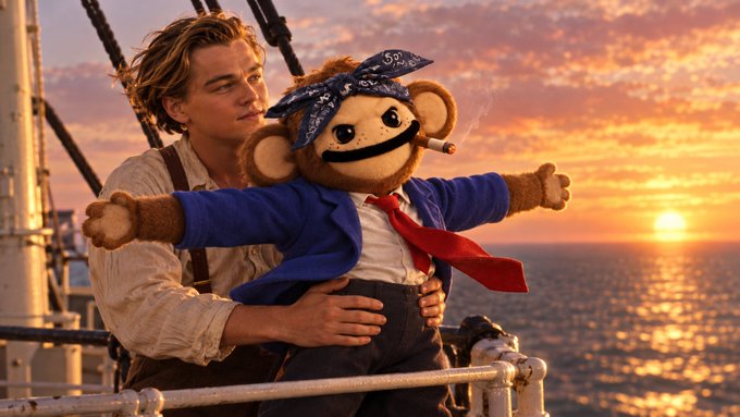 A man with blonde hair holding a stuffed monkey wearing a blue jacket and red tie on the bow of a ship, with a sunset over the ocean in the background, referencing the famous 'I'm the king of the world!' scene from Titanic.