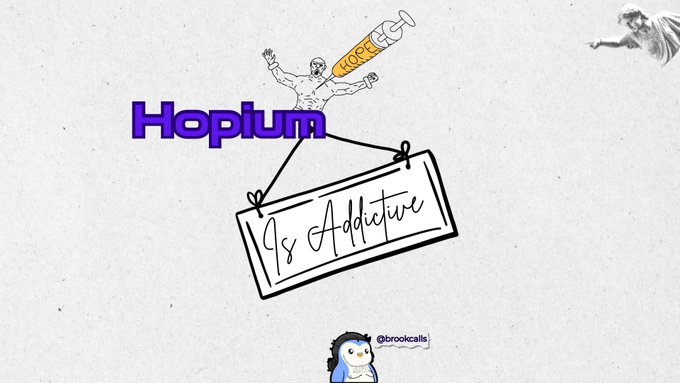 A hand-drawn graphic displays the word "Hopium" in bold purple lettering, with a figure being injected by a giant syringe and a sign reading "Is Addictive" hanging below, alongside the "@brookcalls" handle. The illustration visually represents the accompanying post's message about how hope-based optimism in trading becomes a compulsive habit, keeping investors holding through losses despite knowing things aren't looking good.