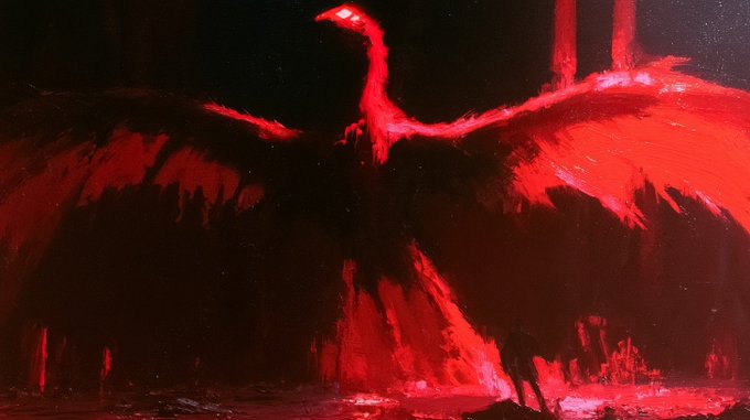 A dark, dramatic painting of a phoenix-like bird with outstretched wings rendered in red and black tones.