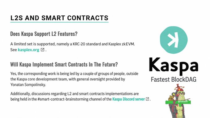 An informational slide titled 'L2S AND SMART CONTRACTS' discusses Kaspa's support for L2 features and future smart contract implementation, featuring the Kaspa logo and 'Kasplex zkEVM'.