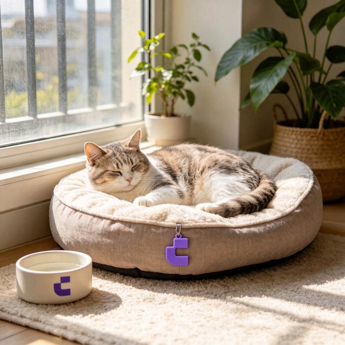 A tabby cat sleeps peacefully in a beige pet bed with a purple tag, next to a white food bowl bearing the same purple logo, positioned by a sunny window with potted plants.