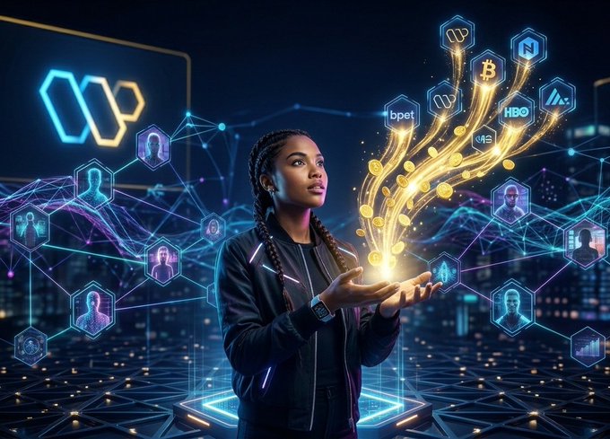 The image features a woman holding up her hands with a bright light coming out of them. The background shows a cityscape filled with buildings and neon lights, creating an urban atmosphere. There are also various logos and icons scattered throughout the scene, including one that reads "gQuack Someone built a crypto project. Great product. Zero attention. They paid influencers. Got impressions. Got no users. That'S the broken model Wallchain is replacing. Instead of buying reach, they use AI to find creators whose audience already wants what you're".