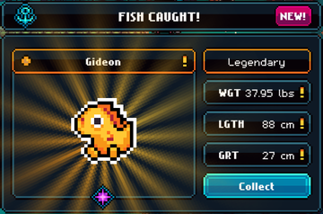 A pixelated fish-catching game screen displays "FISH CAUGHT!" with a legendary fish named "Gideon" weighing 37.95 lbs, measuring 88 cm in length and 27 cm in girth, marked as "NEW!".