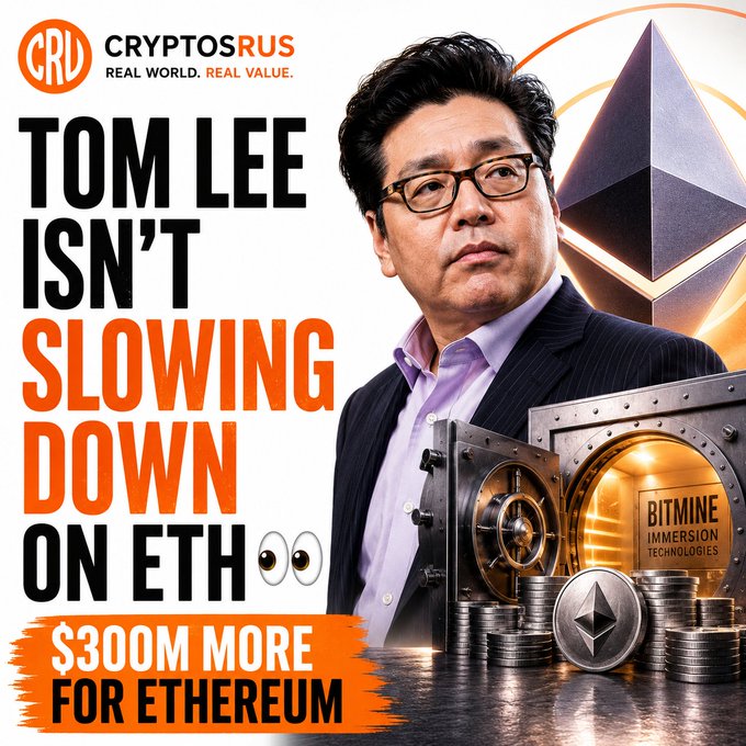 The image features a man standing next to a safe filled with money, possibly Bitcoins or other digital currency, which appears to be related to the Bitcoin price trend. The scene also contains several dollar bills scattered around the area, indicating that there might have been a recent transaction involving these notes. A text overlay in the image promotes an investment opportunity called "TOM LEE KEEPS DOUBLING DOWN ON ETH Bitmine plans to raise another $300M through a preferred stock offering paying a 9.5% dividend, which is what Michael Saylor'S playbook is for Bitcoin."