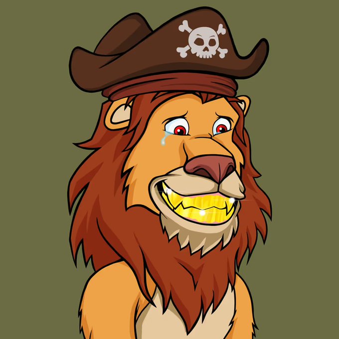 An illustration depicts a cartoon lion with a large mane wearing a pirate hat with a skull and crossbones, smiling with a gold tooth and a tear in its eye.