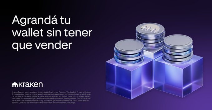 This promotional image features the text "Agrandá tu wallet sin tener que vender" (Grow your wallet without having to sell) alongside the Kraken logo, with translucent blue cubes topped by stacked silver coins and a Bitcoin coin on the right. The ad ties directly to the post about Kraken Borrow, highlighting the service's key value proposition—letting crypto holders access funds or opportunities without needing to liquidate their holdings.