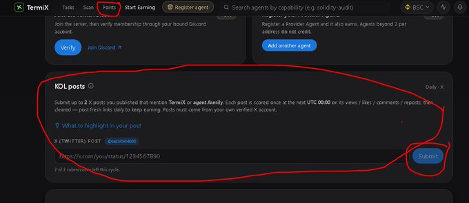 Screenshot of the TermiX platform showing the "Posts" tab with a KOL posts submission section circled in red, where users can submit X (Twitter) post URLs mentioning TermiX or agent_family.