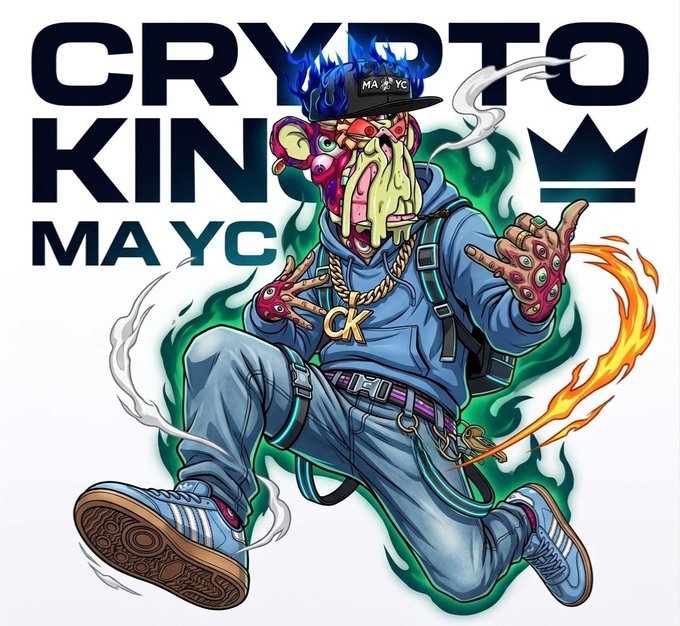 A vibrant illustration of a skateboarding monkey wearing a "MA YC" cap, blue hoodie, and "CK" gold chain, displayed alongside bold "CRYPTO KIN MA YC" text and a crown logo. The graphic aligns with a Sunday morning crypto community greeting, giving off an energetic, hype-driven vibe perfect for a "Good morning familia" post.
