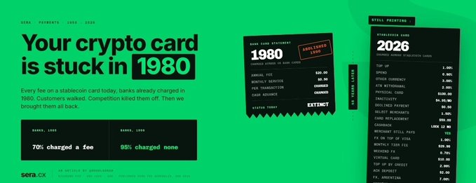 A green promotional graphic for sera.cx reads 'Your crypto card is stuck in 1980' and displays a bank statement and a 2026 still printing stablecoin card ledger.