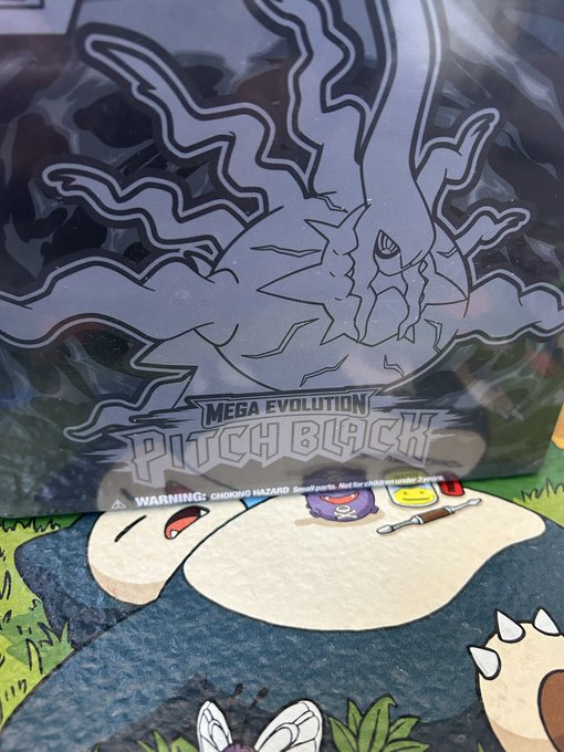 A sealed Pokémon TCG "MEGA EVOLUTION PITCH BLACK" booster pack featuring artwork of an inverted Gengar, with the accompanying post pondering whether to open the pack or keep it sealed for its collectible value.