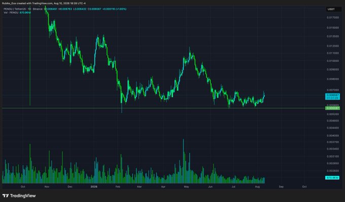 A TradingView candlestick chart showing the PEPE/USDT price action on Binance, with the current price at 0.00010679, spanning from October 2025 through August 2026.